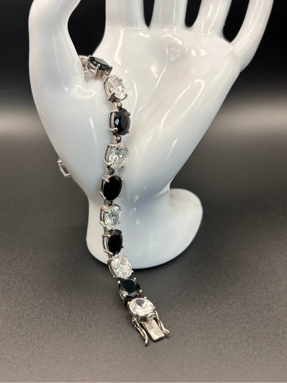 Vintage Sterling Silver 925 Tennis Bracelet with Large Faceted Onyx Zirconia